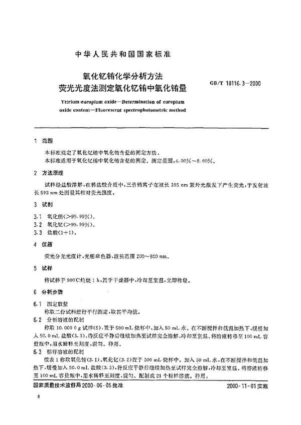 氧化钇铕化学分析方法  荧光光度法测定氧化钇铕中氧化铕量 (GB/T 18116.3-2000)