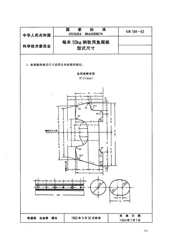 每米50公斤钢轨用鱼尾板式尺寸 (GB/T 184-1963)