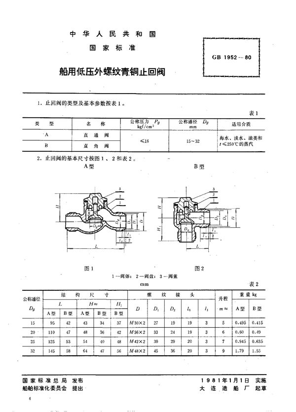 船用低压外螺纹青铜止回阀 (GB/T 1952-1980)