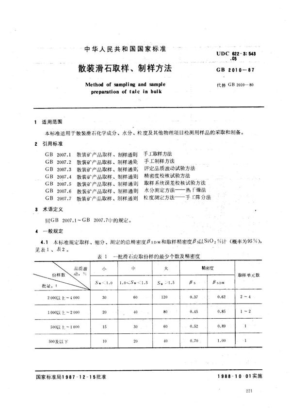 散装滑石取样、制样方法 (GB/T 2010-1987)