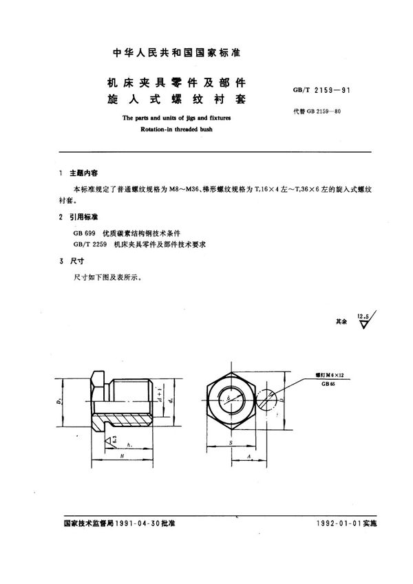 机床夹具零件及部件 旋入式螺纹衬套 (GB/T 2159-1991)