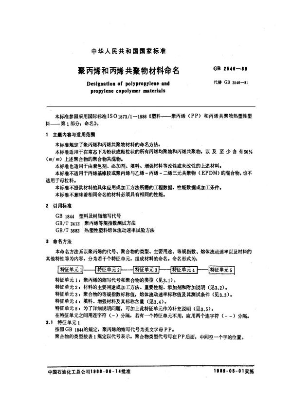 聚丙烯和丙烯共聚物材料命名 (GB/T 2546-1988)