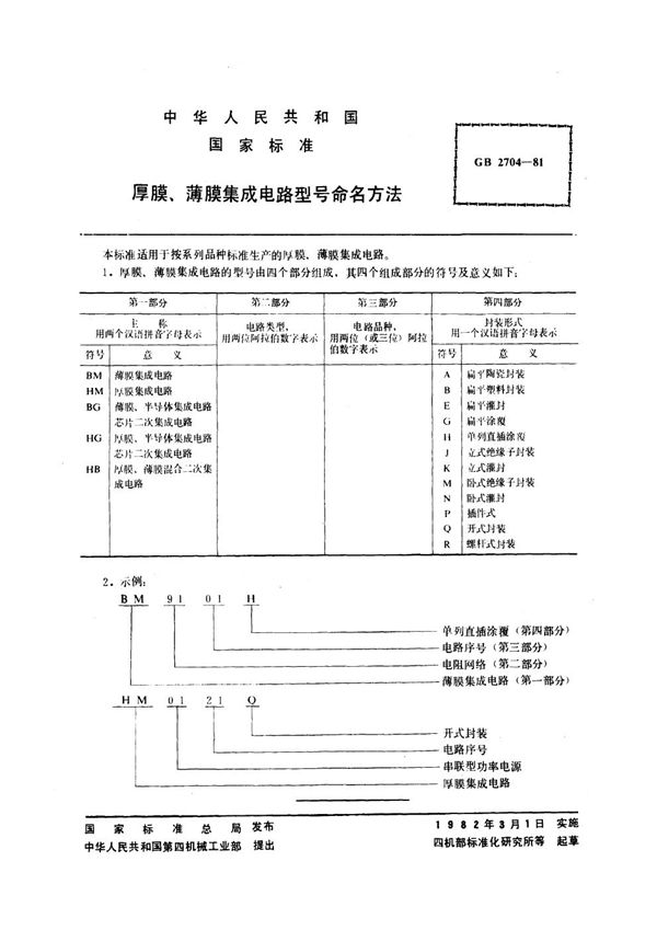 厚膜、薄膜集成电路型号命名方法 (GB/T 2704-1981)