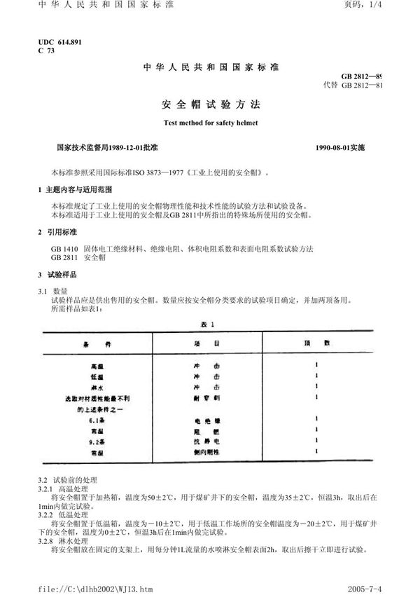 安全帽试验方法 (GB/T 2812-1989)