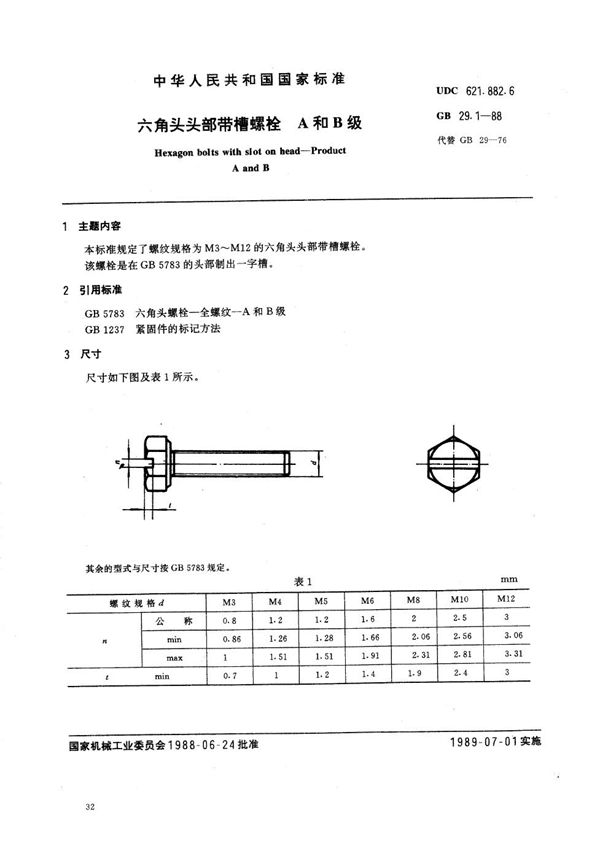 六角头头部带槽螺栓  A和B级 (GB/T 29.1-1988)