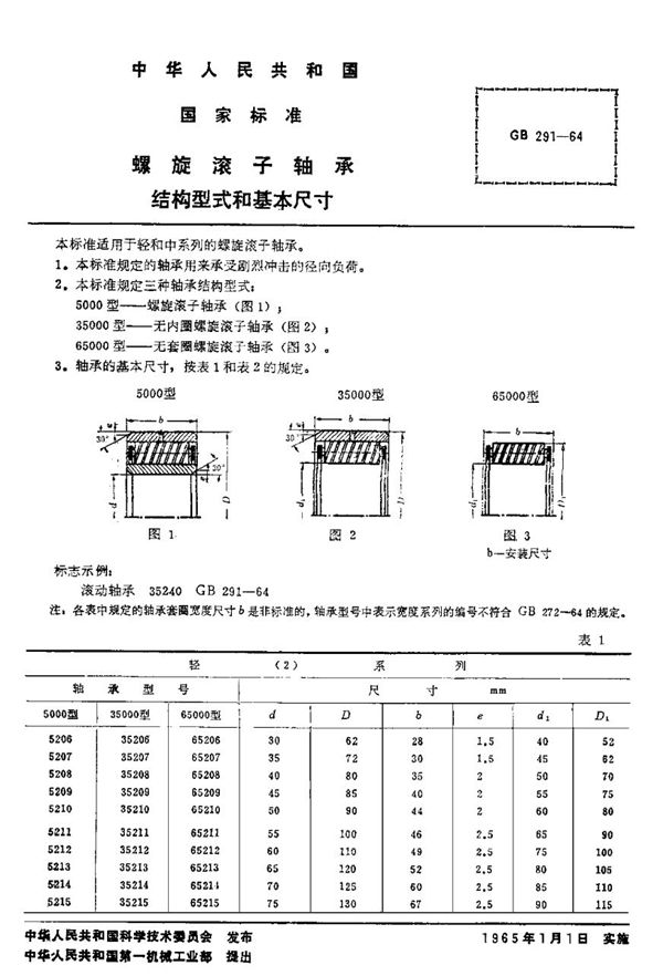 螺旋滚子轴承  结构型式和基本尺寸 (GB/T 291-1964)