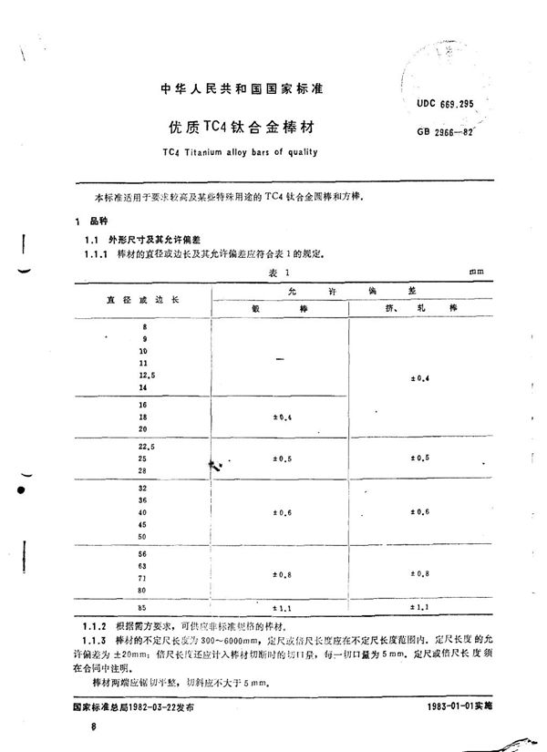 优质TC4钛合金棒材 (GB/T 2966-1982)