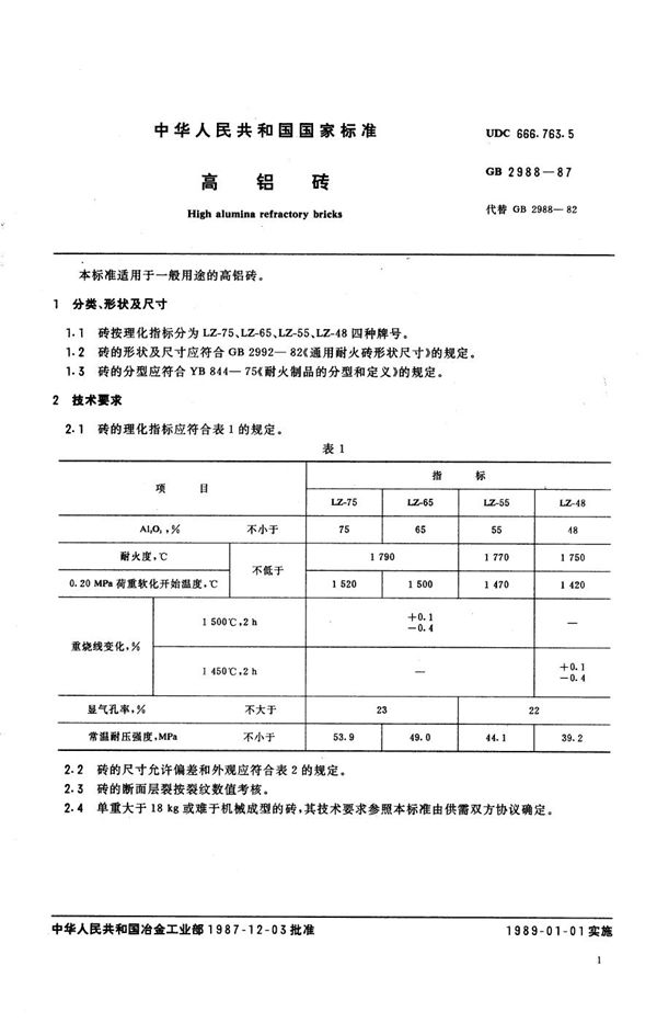 高铝砖 (GB/T 2988-1987)