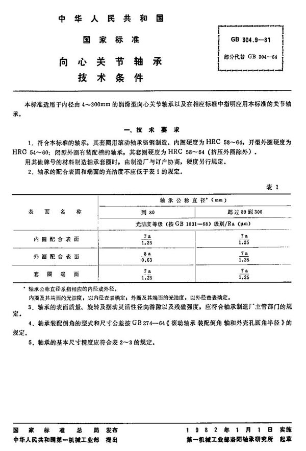 向心关节轴承  技术条件 (GB/T 304.9-1981)