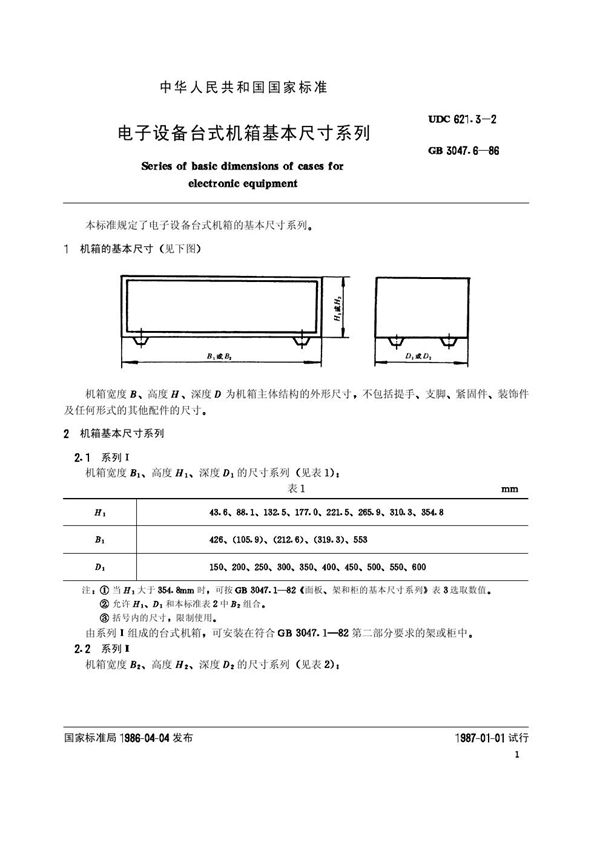 电子设备台式机箱基本尺寸系列 (GB/T 3047.6-1986)