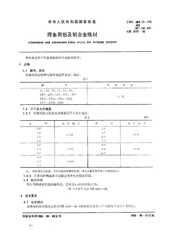 焊条用铝及铝合金线材 (GB/T 3197-1982)