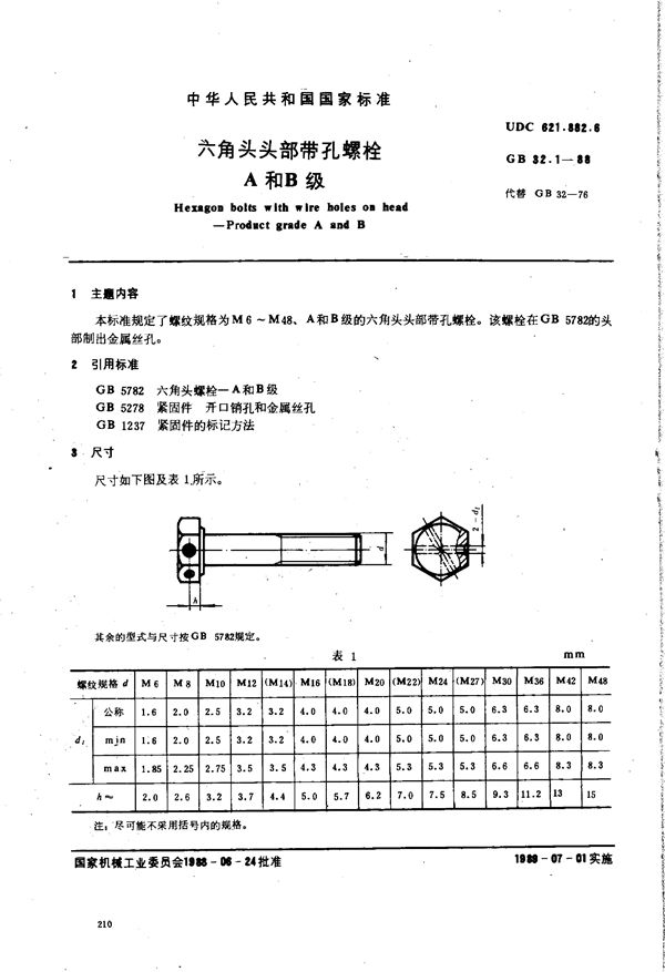 六角头头部带孔螺栓  A和B级 (GB/T 32.1-1988)