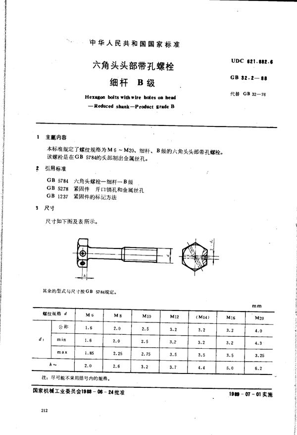 六角头头部带孔螺栓  细杆  B级 (GB/T 32.2-1988)