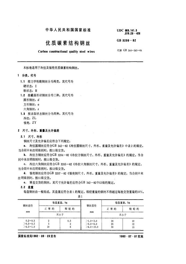 优质碳素结构钢丝 (GB/T 3206-1982)