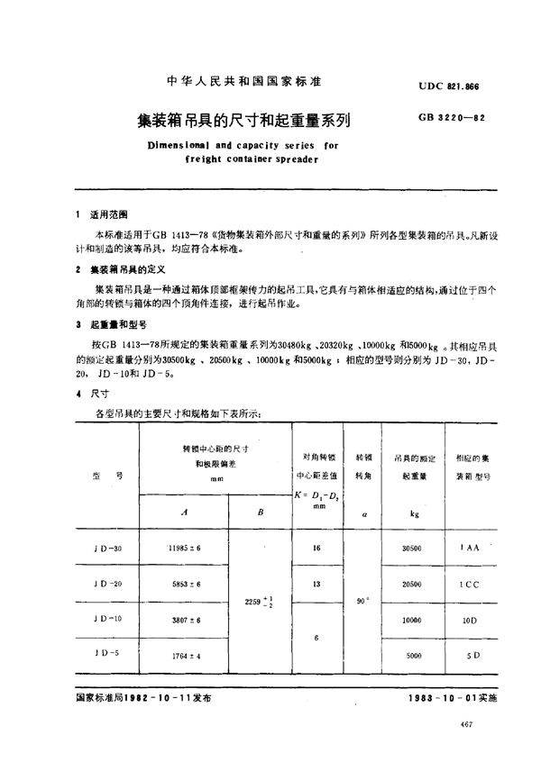 集装箱吊具的尺寸和起重量系列 (GB/T 3220-1982)