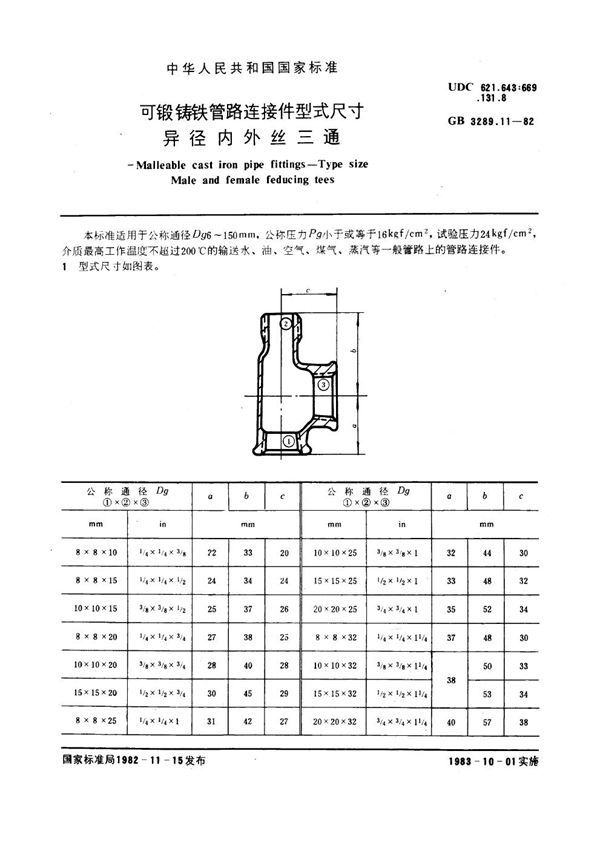 可锻铸铁管路连接件型式尺寸 异径内外丝三通 Malleable cast iron pipe fittings--Type size--Male and femal (GB/T 3289.11-1982)