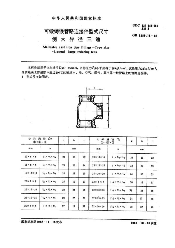 可锻铸铁管路连接件型式尺寸 侧大异径三通 Malleable cast iron pipe fittings--Type size--Lateral-large r (GB/T 3289.13-1982)