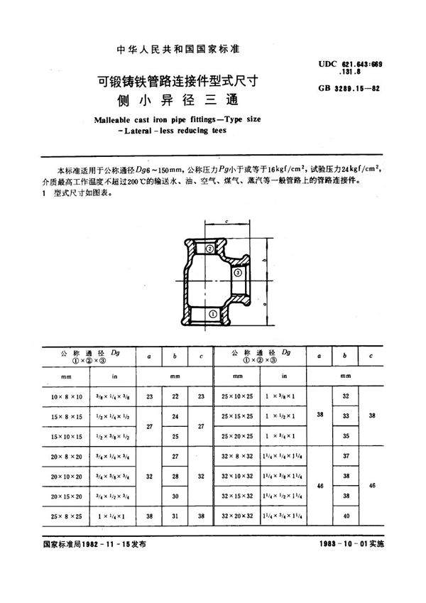 可锻铸铁管路连接件型式尺寸 侧小异径三通 Malleable cast iron pipe fittings--Type size--Lateral-less re (GB/T 3289.15-1982)