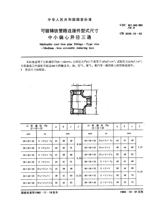 可锻铸铁管路连接件型式尺寸 中小偏心异径三通 Malleable cast iron pipe fittings--Type size--Medium-less e (GB/T 3289.16-1982)