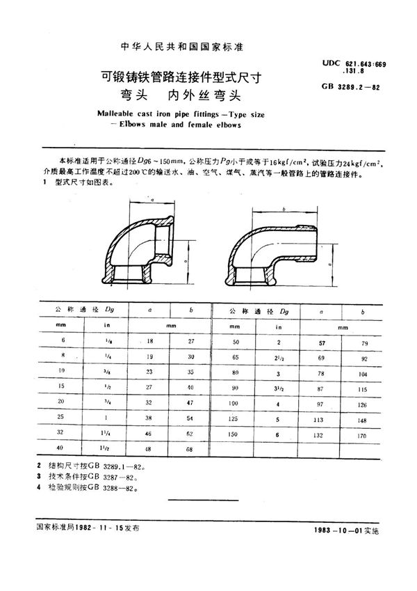 可锻铸铁管路连接件型式尺寸 弯头 内外丝弯头 Malleable cast iron pipe fittings--Type size--Elbows male an (GB/T 3289.2-1982)