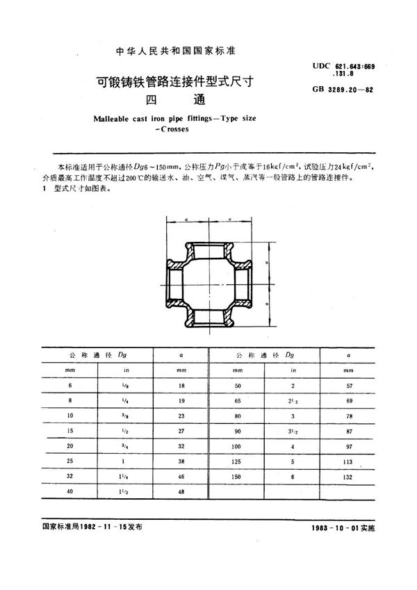 可锻铸铁管路连接件型式尺寸 四通 Malleable cast iron pipe fittings--Type size--Crosses (GB/T 3289.20-1982)