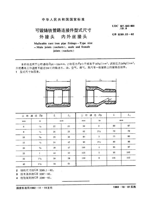 可锻铸铁管路连接件型式尺寸 外接头 内外丝接头 Malleable cast iron pipe fittings--Type size--Male joints( (GB/T 3289.22-1982)