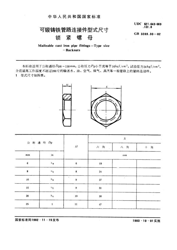 可锻铸铁管路连接件型式尺寸 锁紧螺母 Malleable cast iron pipe fittings--Type size--Backnuts (GB/T 3289.30-1982)