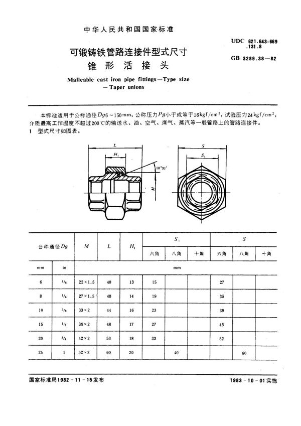 可锻铸铁管路连接件型式尺寸 锥形活接头 Malleable cast iron pipe fittings--Type size--Taper unions (GB/T 3289.38-1982)