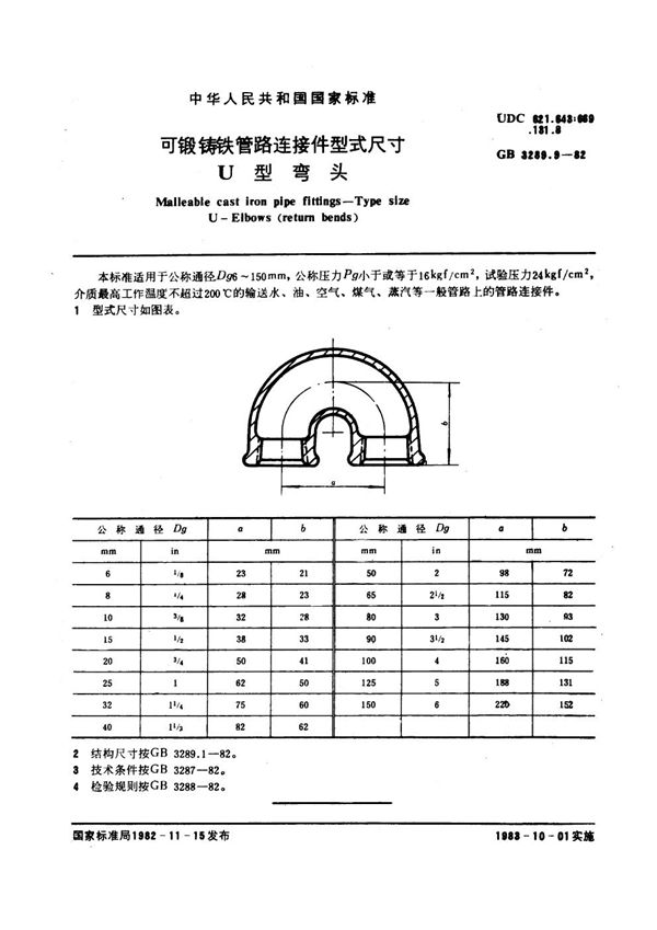 可锻铸铁管路连接件型式尺寸 U型弯头 Malleable cast iron pipe fittings--Type size--U-Elbows(return be (GB/T 3289.9-1982)