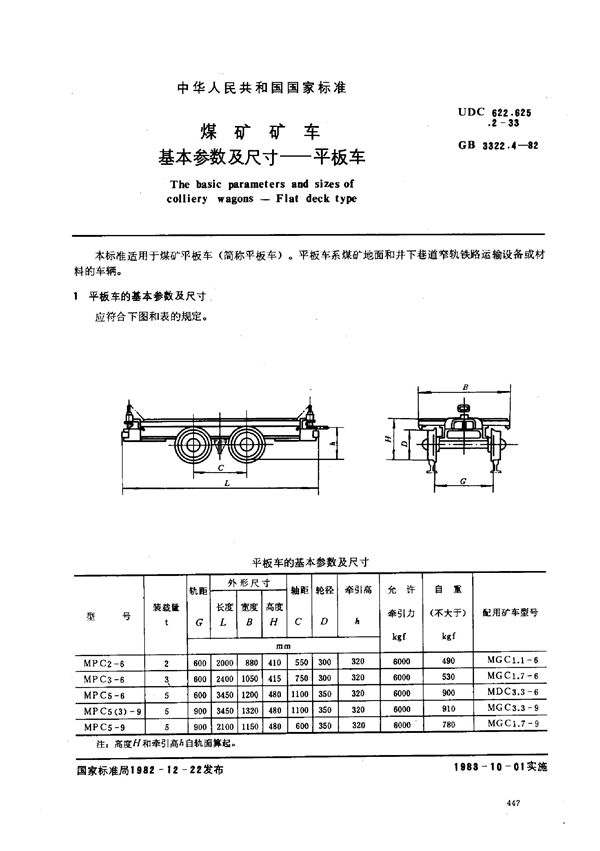 煤矿矿车基本参数及尺寸 平板车 (GB/T 3322.4-1982)