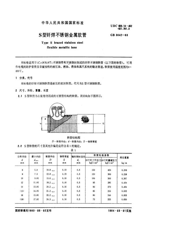 S型钎焊不锈钢金属软管 (GB/T 3642-1983)