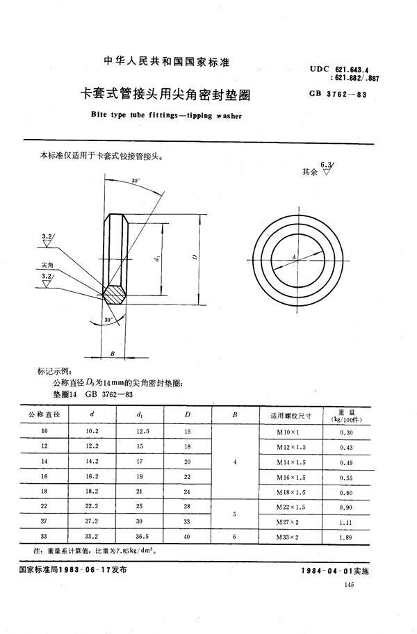 卡套式管接头用尖角密封垫圈 (GB/T 3762-1983)