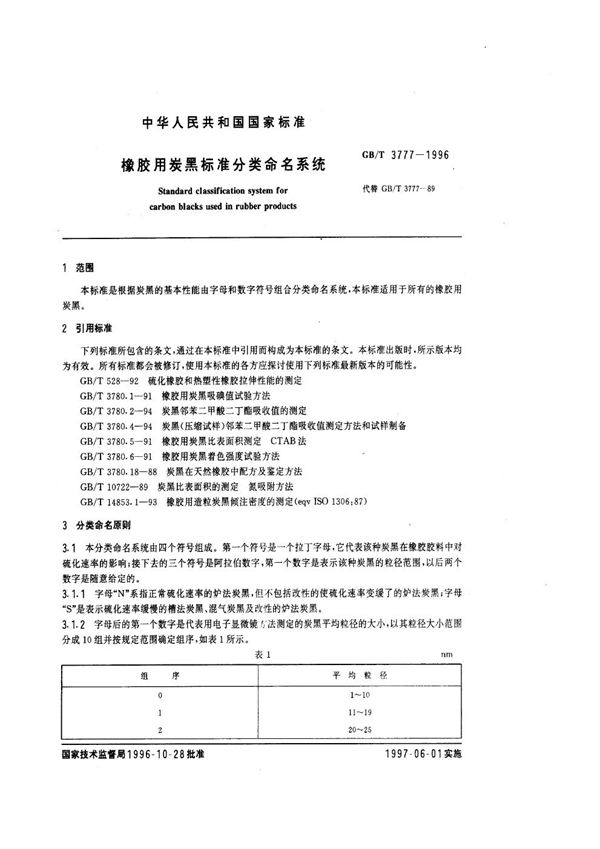 橡胶用炭黑标准分类命名系统 (GB/T 3777-1996)