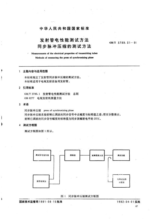 发射管电性能测试方法  同步脉冲压缩的测试方法 (GB/T 3789.31-1991)