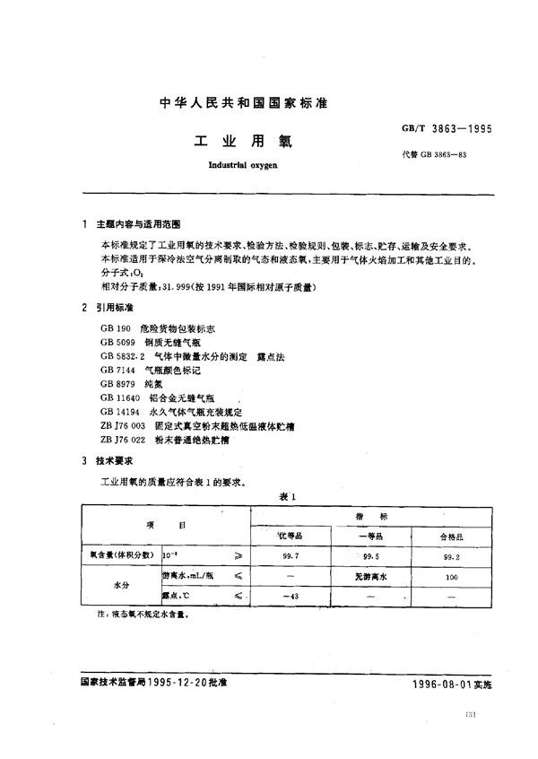 工业用氧 (GB/T 3863-1995)