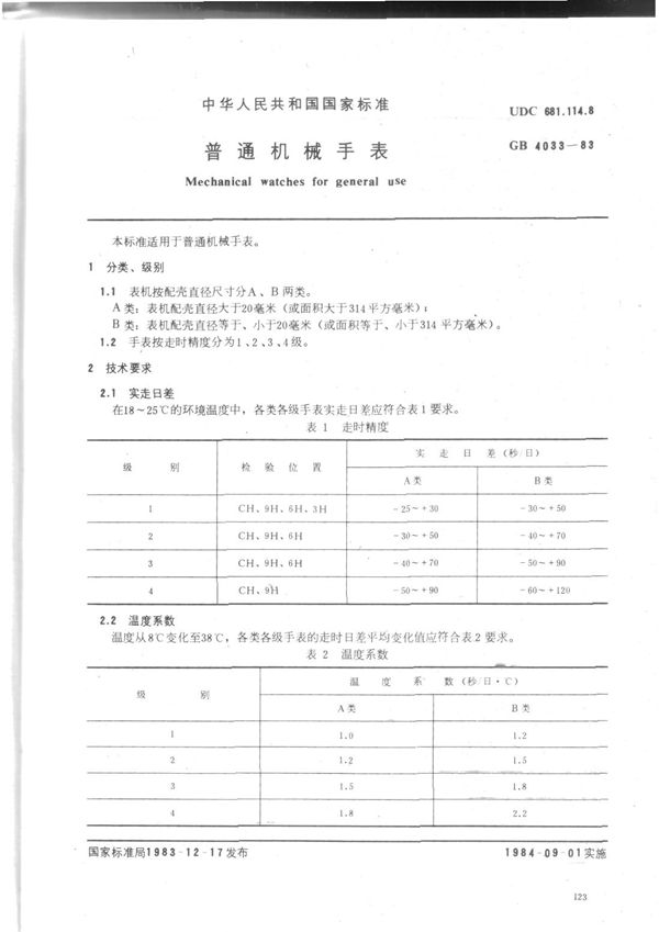 普通机械手表 (GB/T 4033-1983)