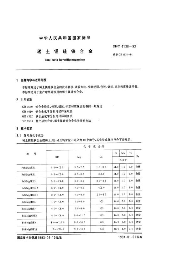 稀土镁硅铁合金 (GB/T 4138-1993)