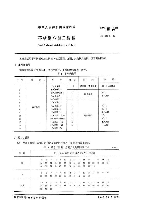 不锈钢冷加工钢棒 (GB/T 4226-1984)