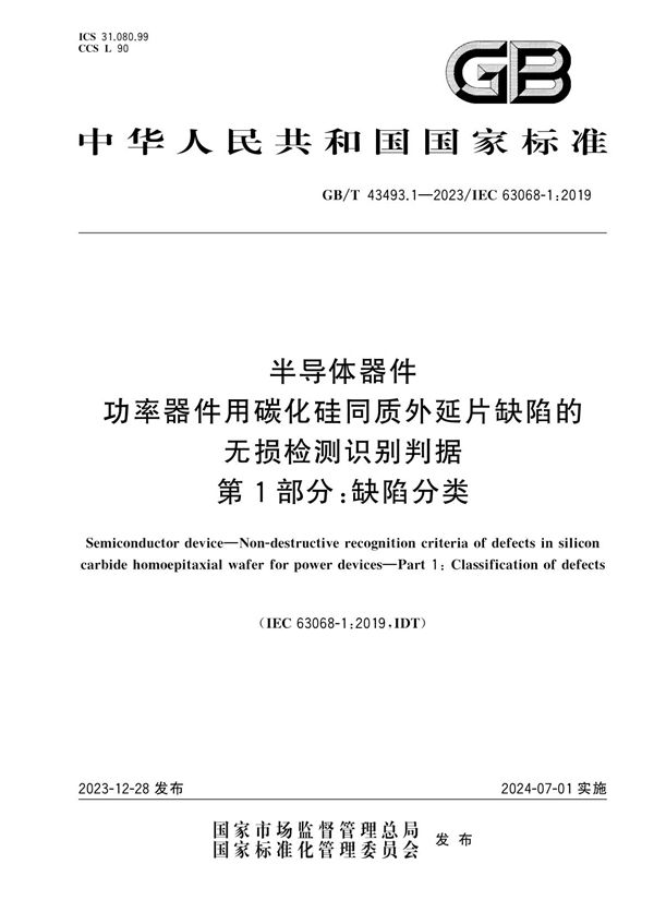 半导体器件 功率器件用碳化硅同质外延片缺陷的无损检测识别判据 第1部分：缺陷分类 (GB/T 43493.1-2023)