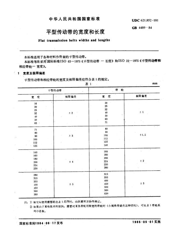 平型传动带的宽度和长度 (GB/T 4489-1984)