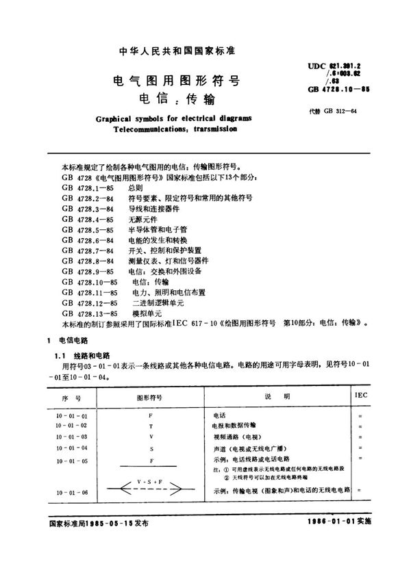 电气图用图形符号 电信：传输 (GB/T 4728.10-1985)