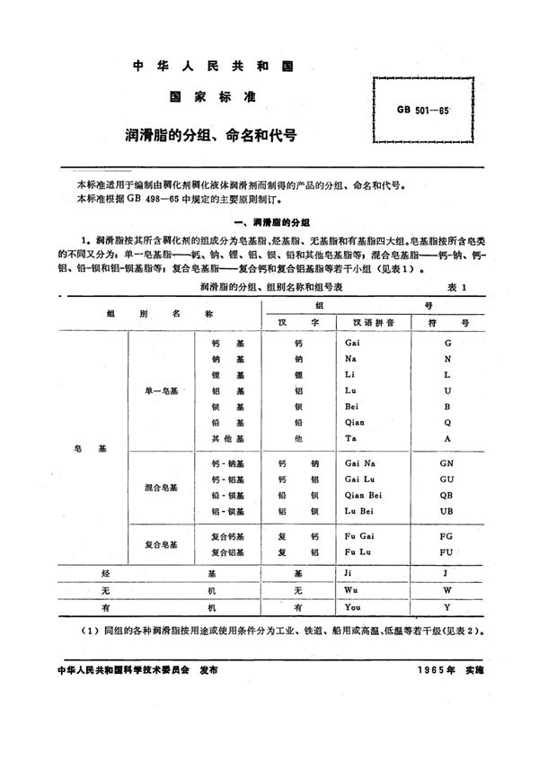 润滑脂的分组、命名和代号 (GB/T 501-1965)