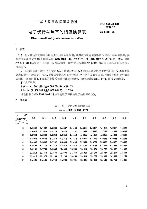 电子伏特与焦耳的相互换算表 (GB/T 5112-1985)