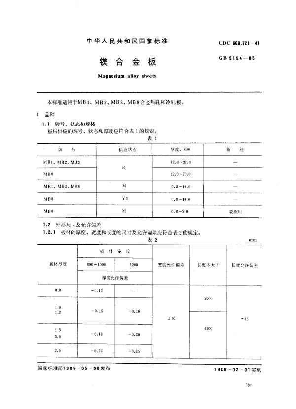 镁合金板 (GB/T 5154-1985)