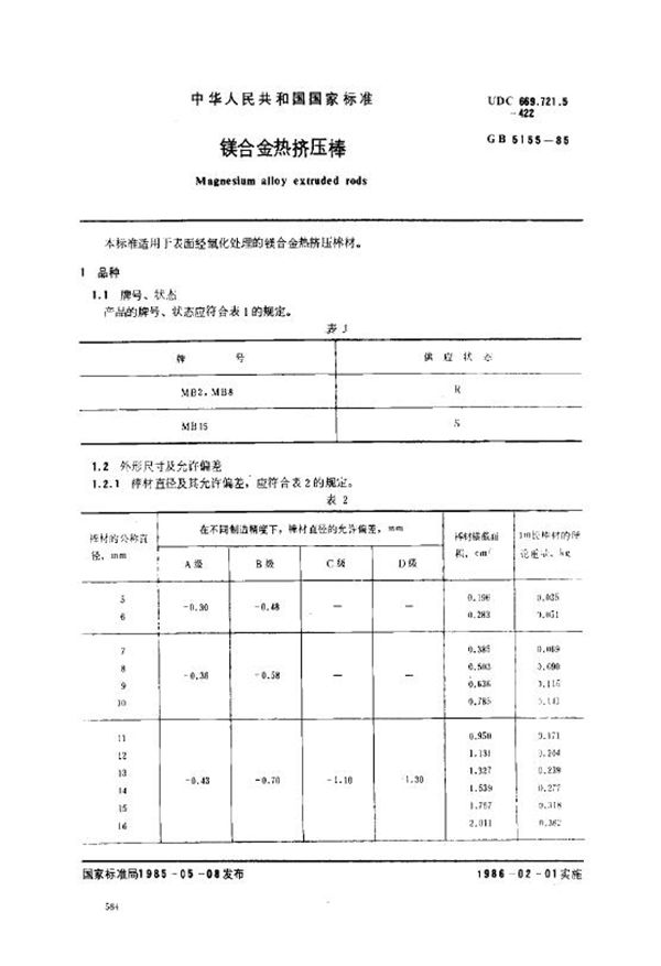 镁合金热挤压棒 (GB/T 5155-1985)