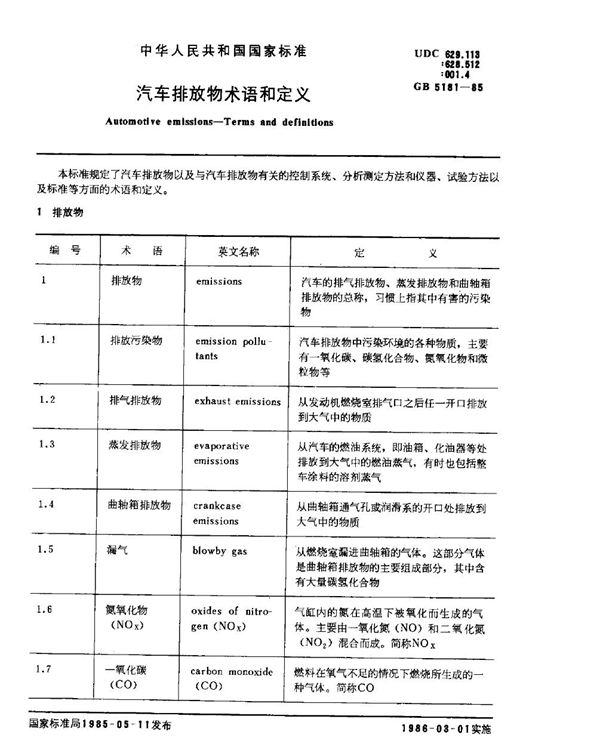 汽车排放物术语和定义 (GB/T 5181-1985)