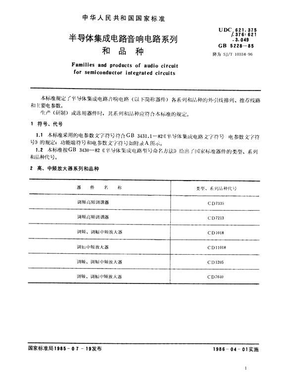 半导体集成电路音响电路系列和品种 (GB/T 5228-1985)