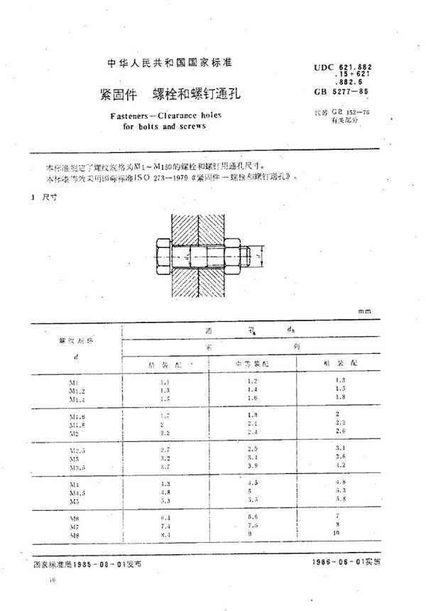 紧固件  螺栓和螺钉通孔 (GB/T 5277-1985)