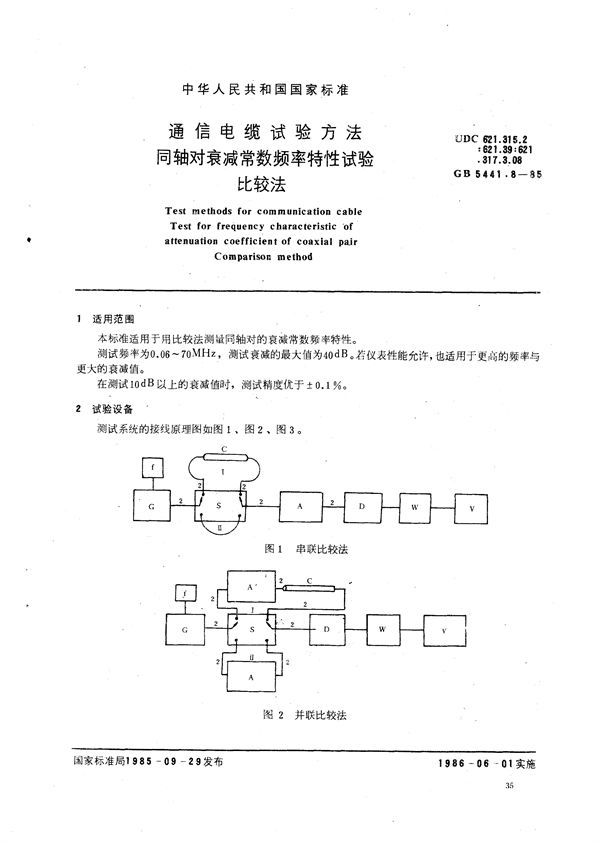 通信电缆试验方法  同轴对衰减常数频率特性试验  比较法 (GB/T 5441.8-1985)