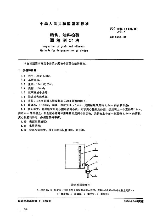 粮食、油料检验  面筋测定法 (GB/T 5506-1985)